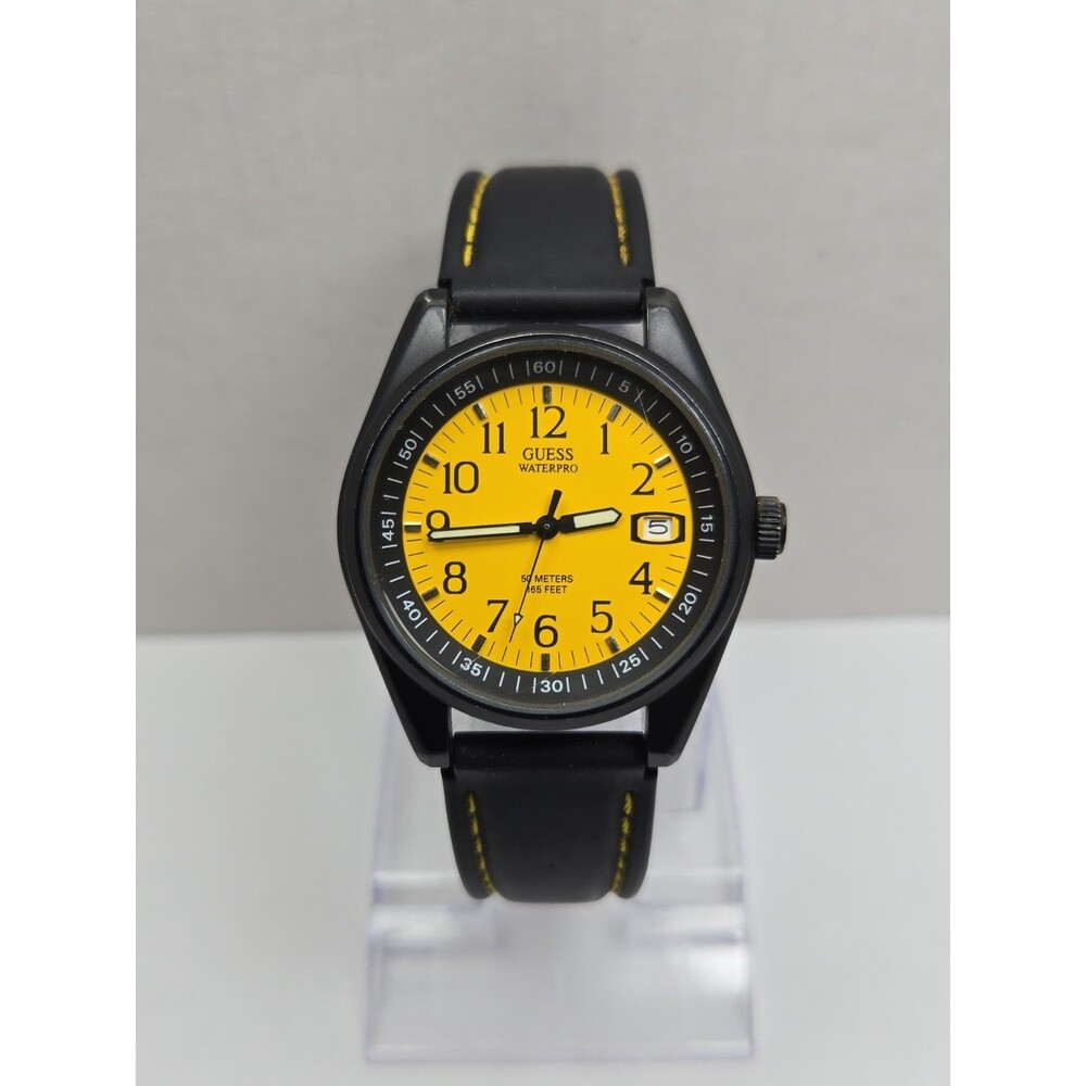 Vintage Guess Waterpro 1997 Mens Yellow Dial Black Quartz Date Watch New Battery